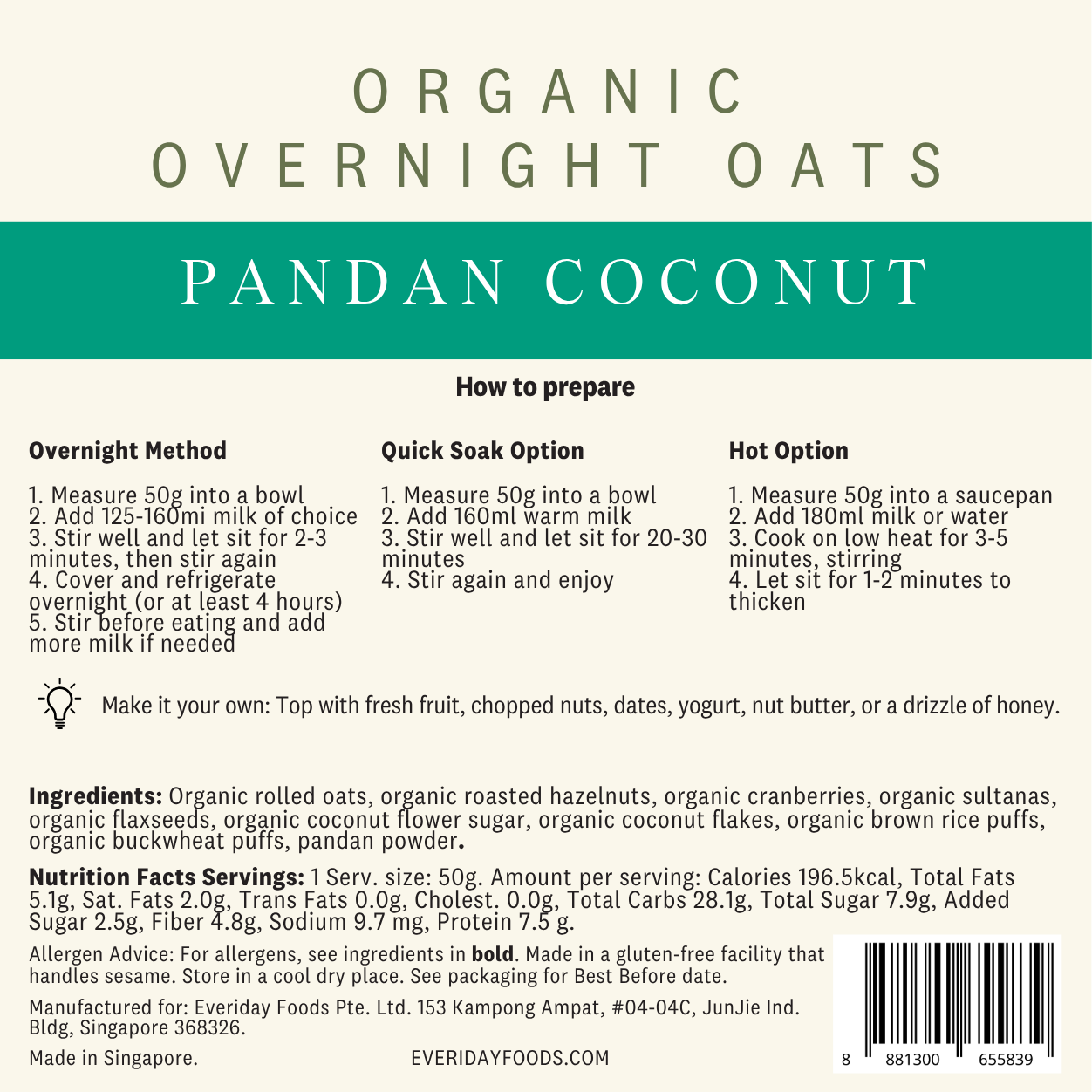 Organic Overnight Oats Pandan Coconut | 250g